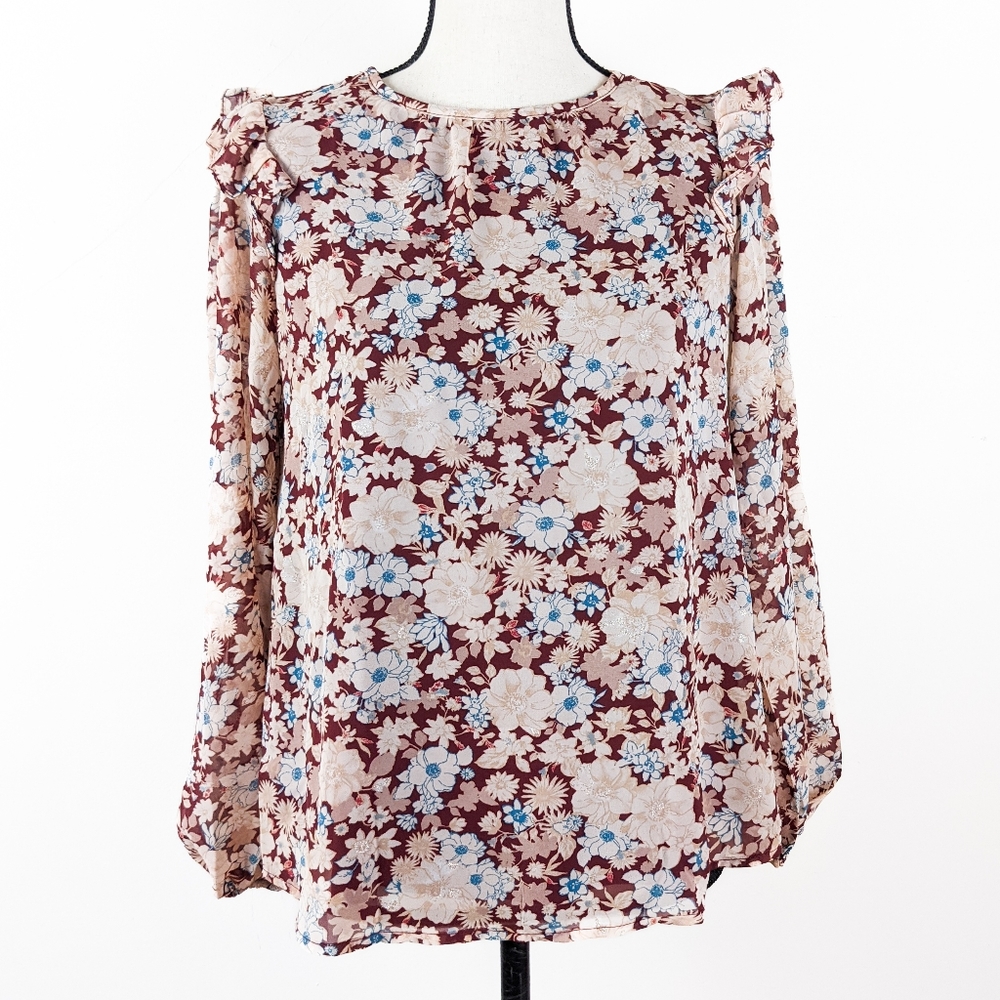 NWT E&M Wine Floral Long-Sleeved Blouse, Size Large